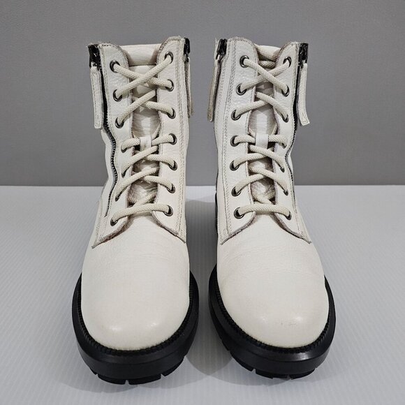 Aquatalia Laila Combat Boot Women 6 Ivory Leather Water Resistant Ankle Lug Sole - Picture 5 of 15